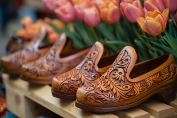 Macro shot of traditional wooden clogs for Dutch Tulip Festival in the Netherlands Hyper realistic. Shot with canon 5d Mark III --ar 3:2 --style raw Job ID: b61d6bed-d433-4e90-ab8a-3359c3ca6eca