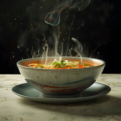 Mix of vegetables delicious soup in a bowl on the table front of dark background