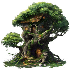 Fototapeta premium Vibrant digital artwork of a whimsical treehouse nestled in an ancient tree with glowing windows