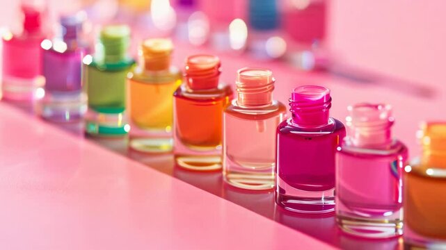 Row of colorful nail polish bottles arranged on a pink background. 3D animation