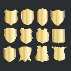 A set of gold 3D shields. 12 pieces. Vector on a black background	