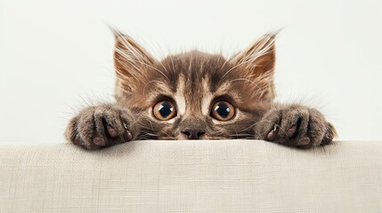A cute tabby kitten peeking over the edge of a table with its paws on the surface. The kitten is looking at the camera with wide eyes on curious expression.