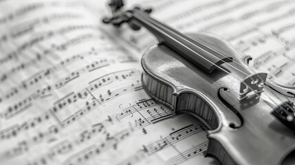 Fototapeta premium Close-up of a violin resting on musical notes, highlighting the beauty of classical music and the intricate details of the instrument.