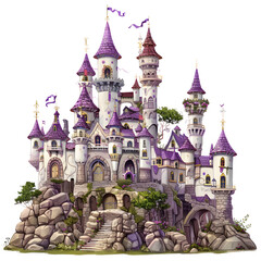 Whimsical illustration of a fairytale castle with towers and turrets on a transparent background