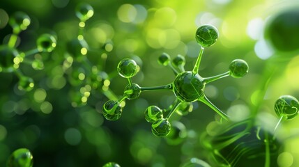 Close-up of green molecular structures with a glowing, bokeh background, representing a scientific and futuristic concept in a vibrant and natural setting