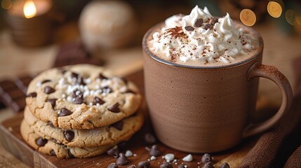 a cup of hot chocolate topped with whipped cream, accompanied by a stack of chocolate chip cookies.Warm Christmas Holiday Chocolate Day Dessert Poster,Winter, enjoy