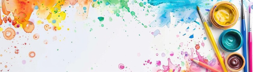 Naklejka premium Vibrant watercolor paints and splashes on white background, ideal for artistic and creative projects. Colorful art supplies for inspiration.