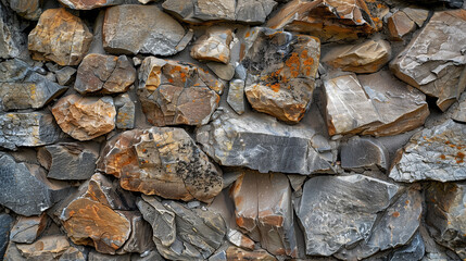 Close-up texture of natural stone wall with various shapes and sizes of rocks