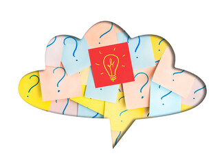 many stickers with question marks and one with a light bulb in a conversation cloud on a white isolated background. choice concept