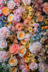 A dense floral arrangement consisting of roses and other flowers in shades of pink, white, and yellow