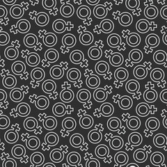 seamless repeating pattern of female symbol, white outline on black background