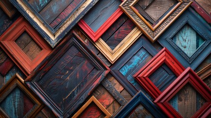A collection of assorted wooden frames in different shapes and sizes, arranged artistically to create a versatile background with space for personalized messages or artistic designs.