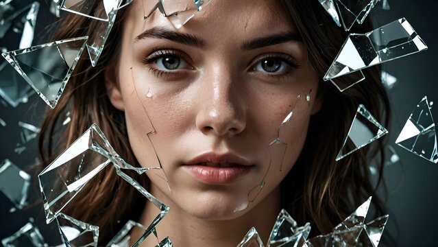 illustration of fragmented glass pieces coming together to form a portrait, symbolizing the emotional turmoil and identity struggles of borderline personality disorder. Generative AI