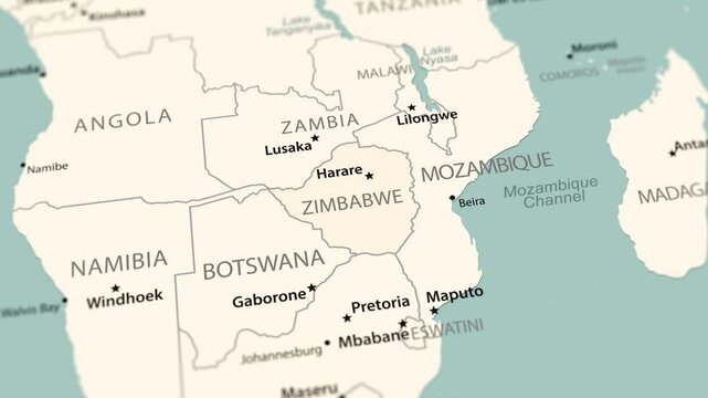 Zimbabwe on the world map. Smooth map rotation. 4K animation.