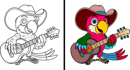 Funny parrot in a cowboy hat with a guitar. Coloring page. Vector illustration.