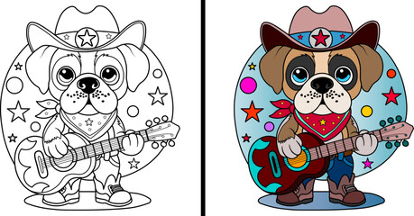Cute dog dressed as a cowboy with a guitar. Coloring page. Vector illustration.