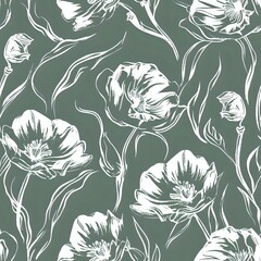 Light Green Background with Dark Blue Stylized Flowers and Leaves