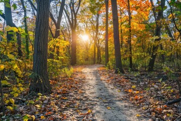 Obraz premium Beautiful autumn forest path with sunlight streaming through trees, showcasing vibrant fall colors and a serene natural setting.