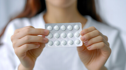 Close-up of female hands with pill.