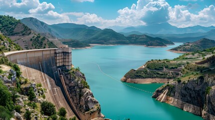 Majestic Panoramic View of a Vast Hydroelectric Dam and Reservoir Showcasing Engineering Prowess