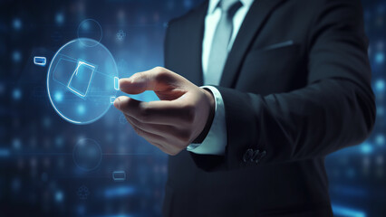 Businessman use laptop with advertising on website,Digital marketing concept,Advertising, Digital marketing commerce online sale concept, online purchase, online sale abs concept, generative ai