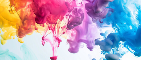 Vibrant Abstract Color Explosion: A Mesmerizing Blend of Pink, Blue, Yellow, and Red Inks in Water