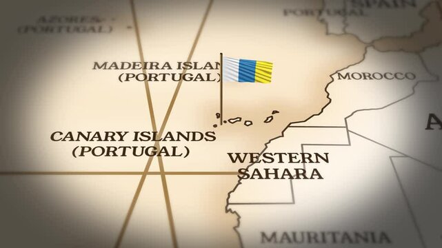 Canary islands flag showing on world map with 3D rendering