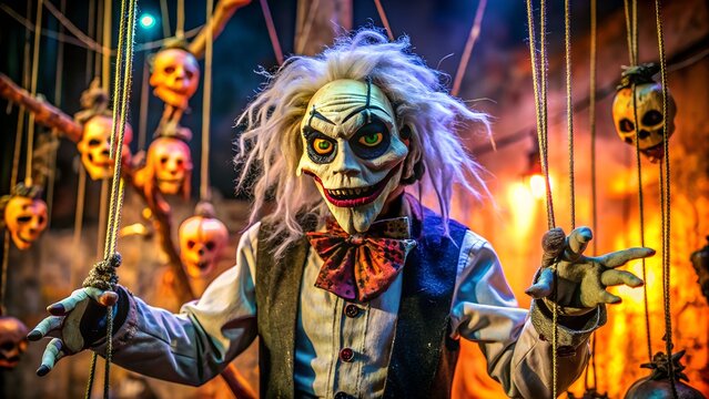 Creepy ventriloquist dummy with glowing eyes and sharp teeth in a dimly lit room