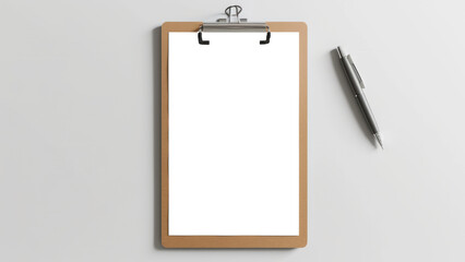 A clipboard with a blank sheet of paper and a pen on a white background. 