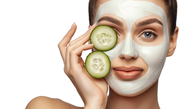 A woman with a face mask holding cucumber slices near her eye, smiling.
