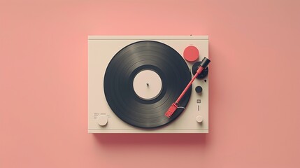 Minimalist Vinyl Turntable with Record on Pale Background,3D Flat Lay Composition
