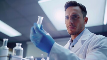 Photorealistic scientist in a lab coat holding a test tube, modern laboratory background, bright lighting, highdetail clarity, ample copy space