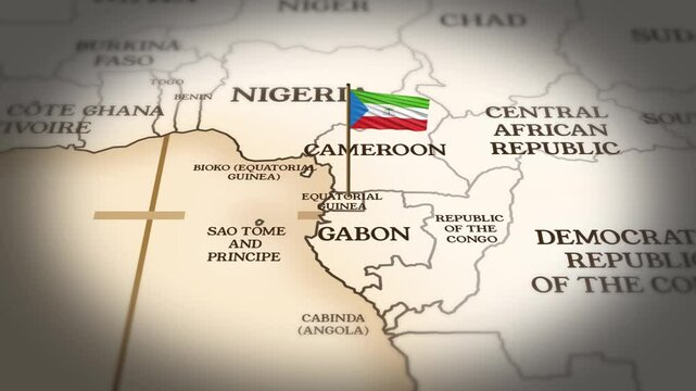 Equatorial Guinea flag showing on world map with 3D rendering