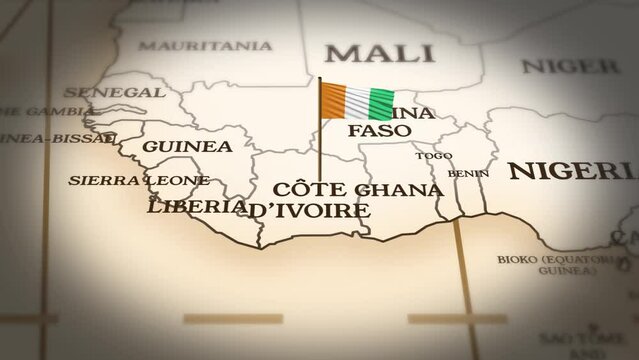 C&ocirc;te d'Ivoire flag showing on world map with 3D rendering