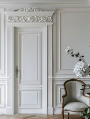 White Door With Ornate Trim And Chair.