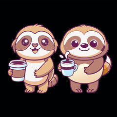 Cute Sloth eating coffee animals vector Cartoon sloth characters and climbing on rainforest jungle tree branches .Funny sloths eating leaves.