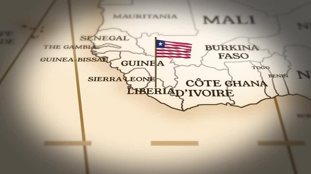 Liberia flag showing on world map with 3D rendering