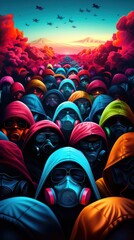 Pandemic life adaptation, featuring a community supporting each other with masks, sanitizers, and social distancing