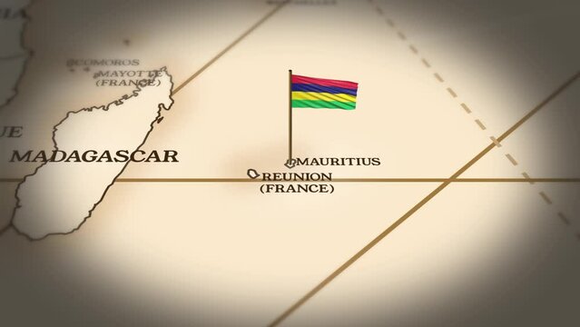 Mauritius flag showing on world map with 3D rendering