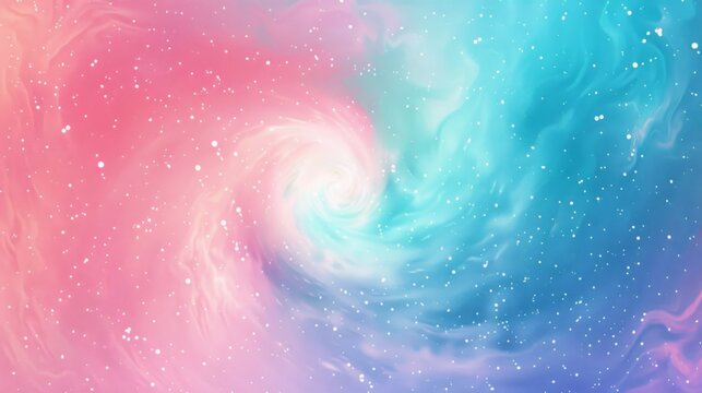 Swirls of watercolour soft blues, pinks, and purples create a pastel-colored galaxy backdrop. 