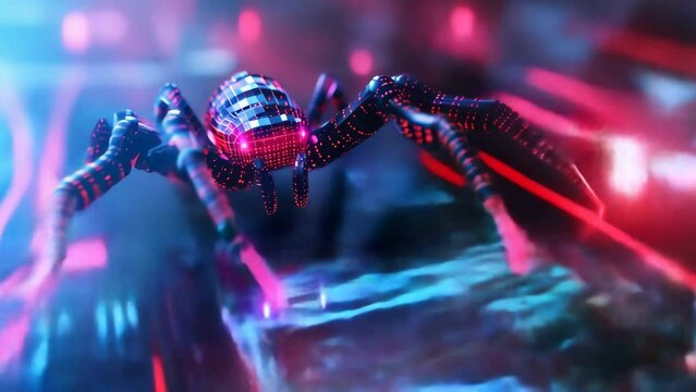 Close-up of a digital spider with binary code patterns on its body and legs