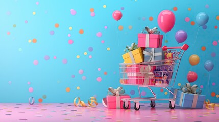 Shopping cart full of colorful gift boxes on random color background with confetti and ballon. Black Friday sale