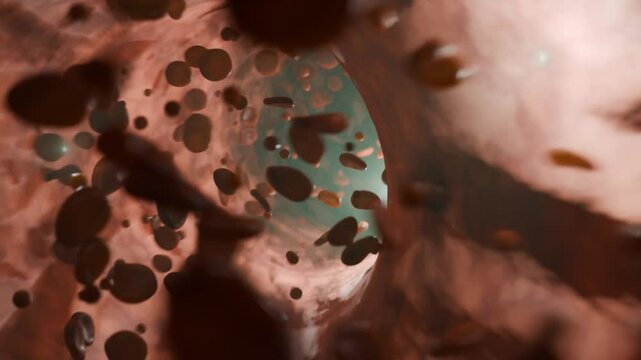 Interior de una vena atravesada por gl&oacute;bulos rojos animados. Medicina preventiva. Enfermedad cardiovascular.