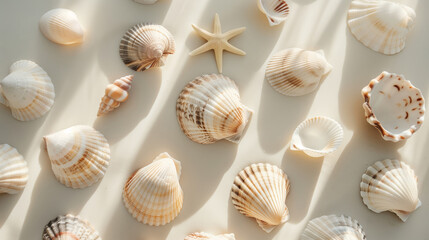 Various tropical sea shells on a light background