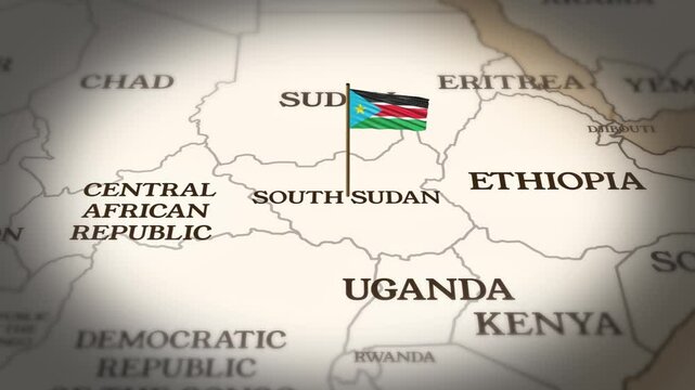 South Sudan flag showing on world map with 3D rendering