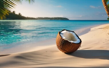 Fresh coconut lies on the sand of a tropical beach