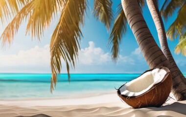 Fresh coconut lies on the sand of a tropical beach