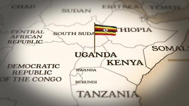 Uganda flag showing on world map with 3D rendering