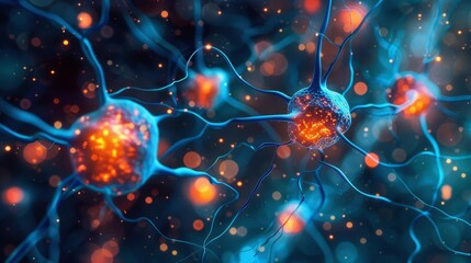 A microscopic view of neurons with glowing synapses firing, a visual representation of neural activity.