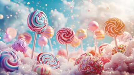 Fantasy candyland with various sweets on sticks, colorful and whimsical, against a dreamy sky background